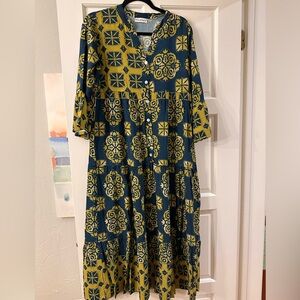 NWOT midi dress - A line button to waist. Green & blue beautifully bright dress.